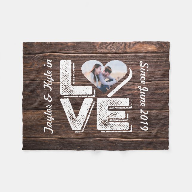 Love Rustic Woodland Photo Heart Frame Monogram Fleece Blanket (Front (Horizontal))