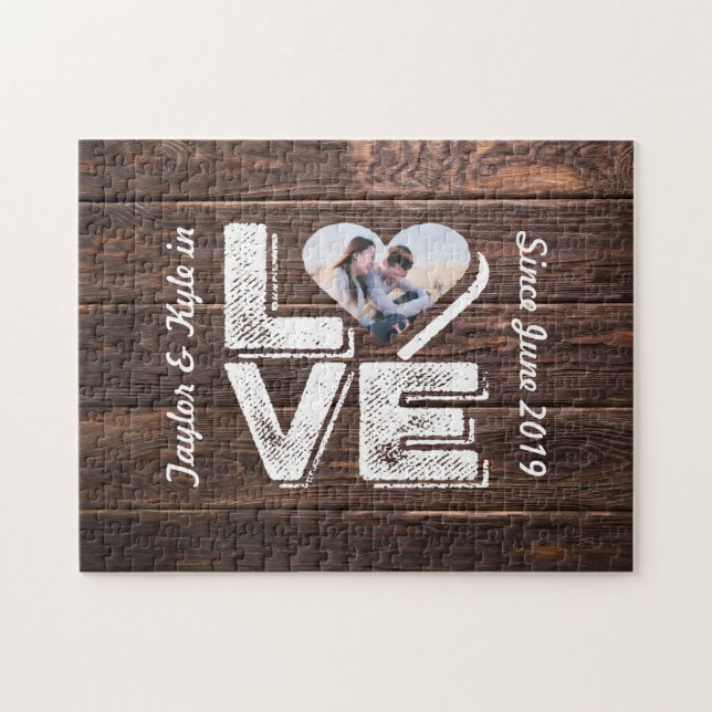 Love Rustic Woodland Photo Heart Frame Monogram Jigsaw Puzzle (Horizontal)