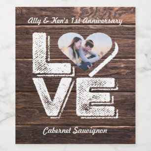 Love Rustic Woodland Photo Heart Frame Monogram Wine Label