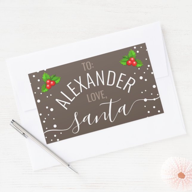  "Love, Santa" Custom Name Taupe Holiday  Rectangular Sticker (Envelope)