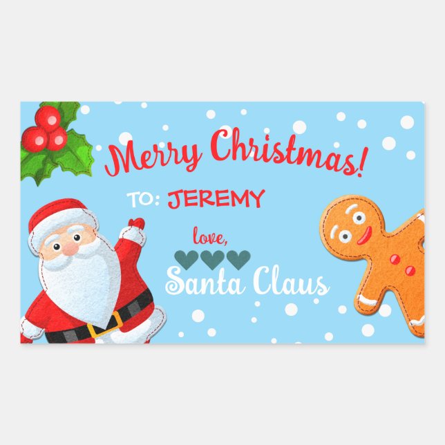 Love, Santa & Gingerbread Custom Blue Christmas Rectangular Sticker (Front)