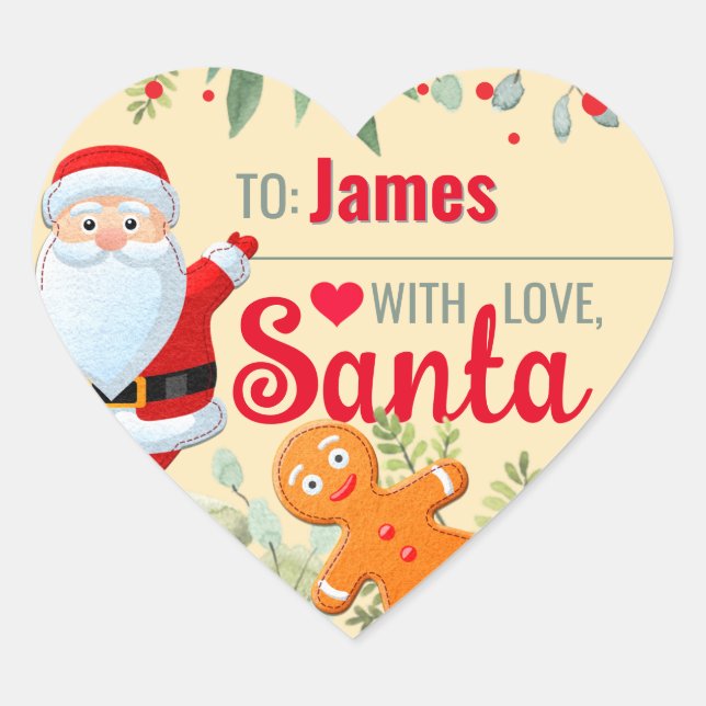 "Love, Santa" Gingerbread Custom Christmas Beige Heart Sticker (Front)