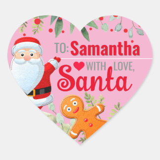 Love, Santa Gingerbread Custom Christmas Pink Gift Heart Sticker