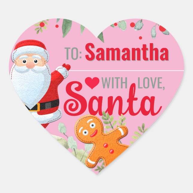 "Love, Santa" Gingerbread Custom Christmas Pink Heart Sticker (Front)