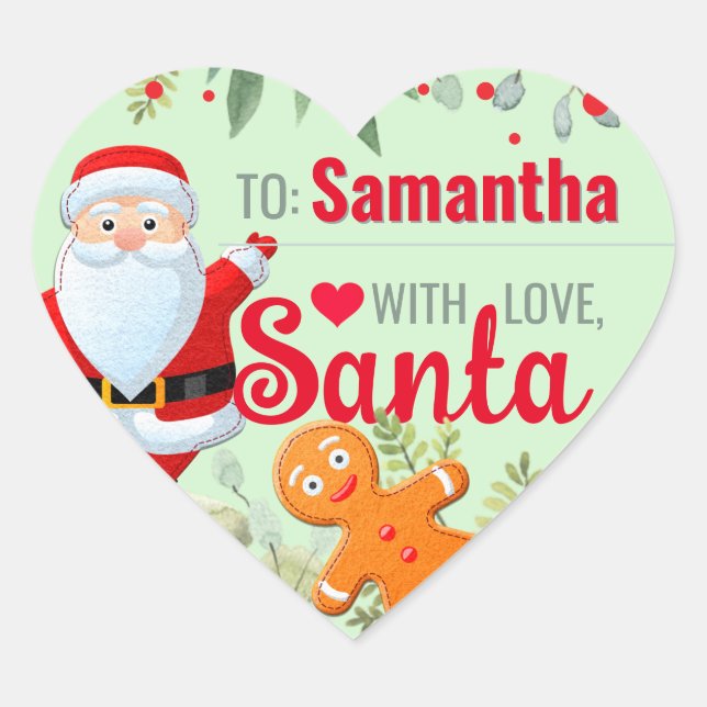 "Love, Santa" Gingerbread Custom Green Christmas Heart Sticker (Front)