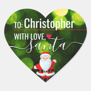 "Love, Santa" Green Lights Custom Holiday Gift Heart Sticker