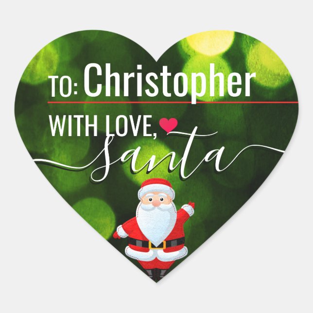 "Love, Santa" Green Lights Custom Holiday Gift Heart Sticker (Front)