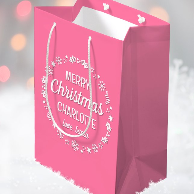 Love Santa Merry Christmas Custom Name Pink Medium Gift Bag (Creator Uploaded)