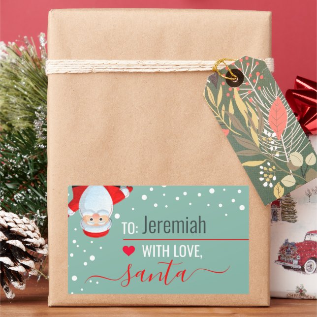 "Love, Santa" Sage Green Custom Holiday Gift Rectangular Sticker (Holiday)