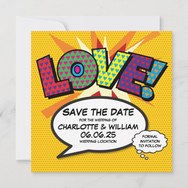 LOVE Save the Date Fun Retro Comic Book Pop Art (Front)