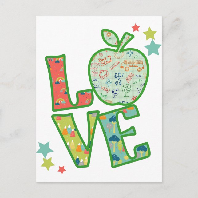 Love School Apple, Drawn Back to School Postcard (Front)