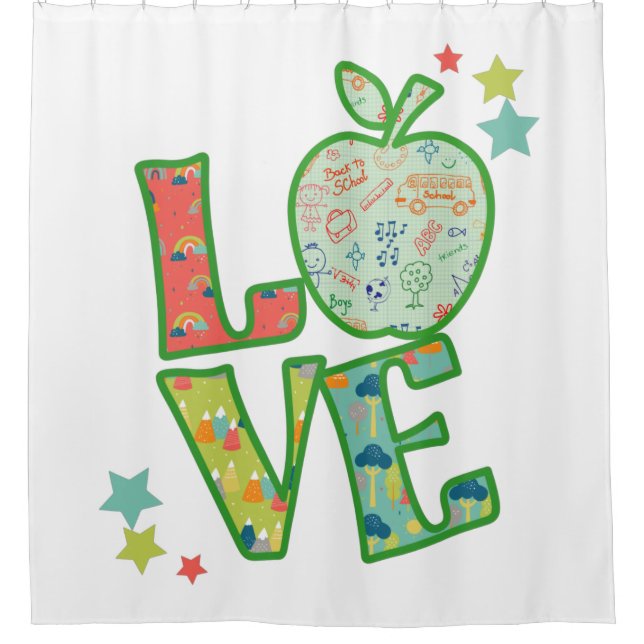 Love School Apple, Drawn Back to School Shower Curtain (Front)