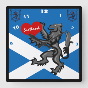 Love Scotland, Scottish Flag & Lion Heart Design Square Wall Clock