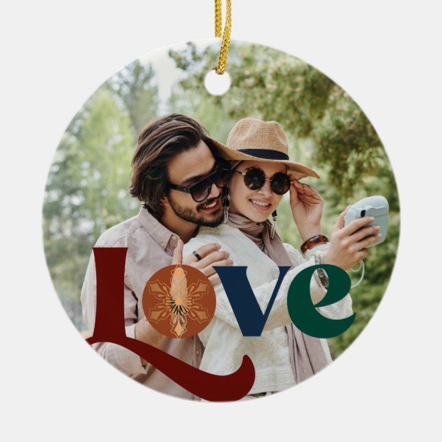 Love script couple photo first Christmas together Ceramic Tree Decoration (Front)