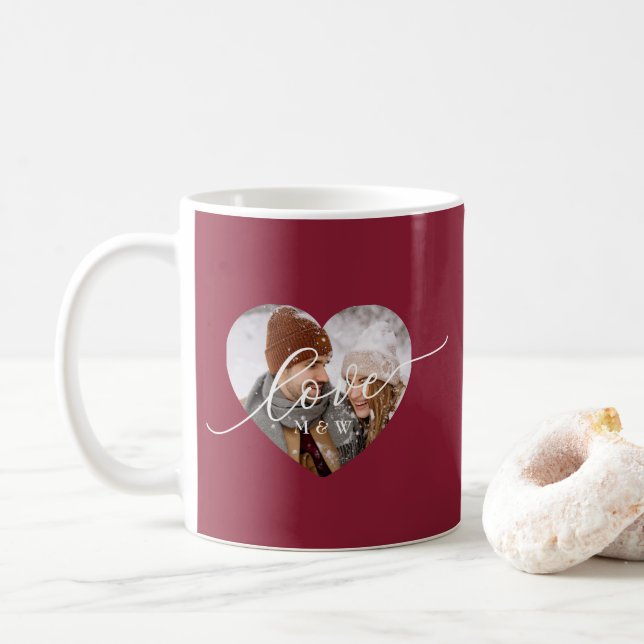 Love Script Heart Photo Red Coffee Mug (With Donut)