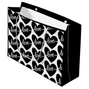 Love Script Hearts Black White Pattern Valentine's Large Gift Bag
