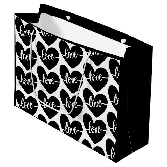 Love Script Hearts Black White Pattern Valentine's Large Gift Bag (Front Angled)