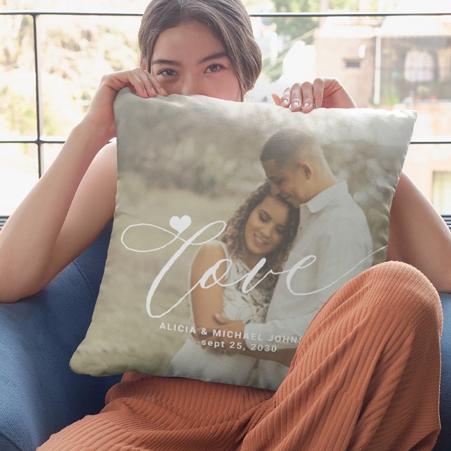 Love script modern 2 photo heart personalised cushion (Creator Uploaded)