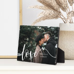 Love Script Overlay Couples Personalised Photo Plaque<br><div class="desc">Create a sweet keepsake of your wedding,  honeymoon or special moment with this beautiful custom plaque that's perfect for couples. Add a favourite horizontal photo,  with "love" aligned at the left in elegant white script lettering,  and your names tucked into the design.</div>