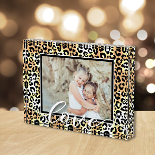 LOVE Script Overlay Leopard Animal Pattern Photo Block