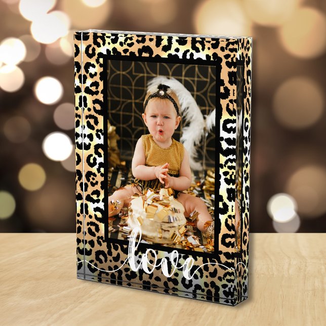 LOVE Script Overlay Leopard Photo Block (Pesonalized acrylic photo block is 5" x 7" and 1" thick, stands without support on flat surface.)