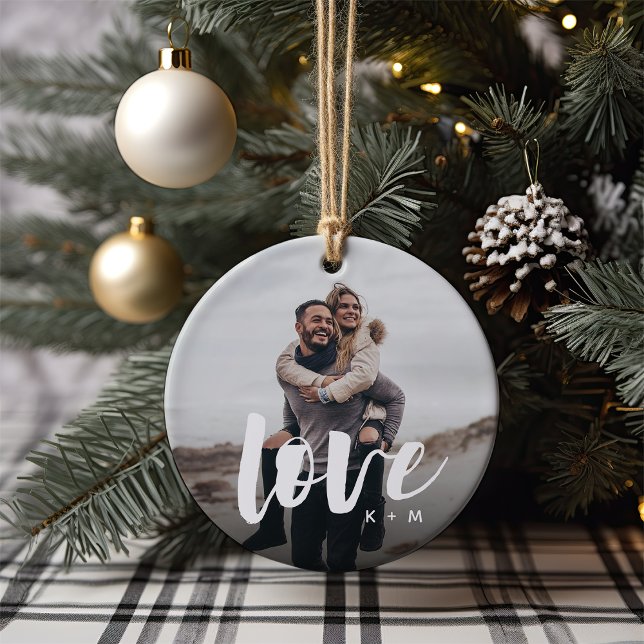 Love Script Overlay Personalised Couples Photo Ceramic Tree Decoration (Creator Uploaded)