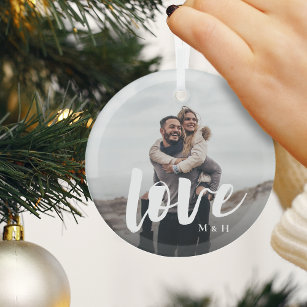Love Script Overlay Personalized Couples Photo Glass Tree Decoration