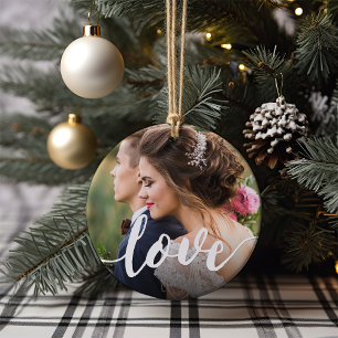 Love Script Overlay Photo Ceramic Tree Decoration