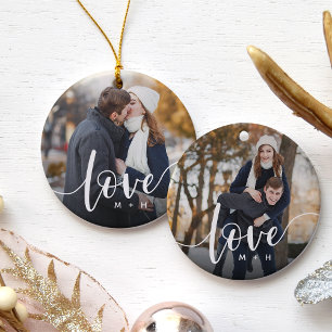Love Script Overlay Photo & Initials Ceramic Tree Decoration