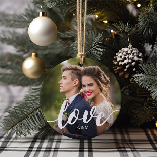 Love Script Overlay Photo & Initials Ceramic Tree Decoration