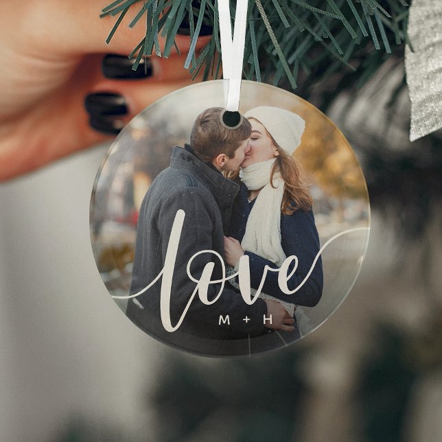Love Script Overlay Photo & Initials Glass Tree Decoration (Creator Uploaded)
