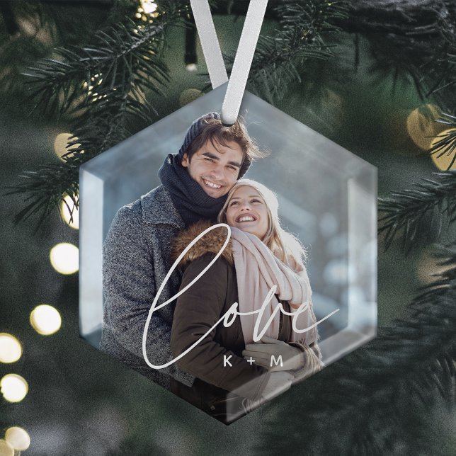 Love Script Overlay Photo & Initials Glass Tree Decoration (Creator Uploaded)