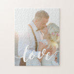 Love Script Overlay Photo Jigsaw Puzzle<br><div class="desc">Customise this photo puzzle with a favourite vertical or portrait orientated wedding or engagement photo,  with "love" splashed across as a text overlay in white calligraphy script lettering.</div>