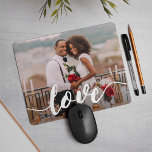 Love Script Overlay Photo Mouse Mat<br><div class="desc">Create a sweet keepsake of your engagement,  wedding,  or special moment with this cute photo mousepad. Add your favourite horizontal / landscape orientated photo with "love" overlaid in white handwritten style modern calligraphy lettering.</div>