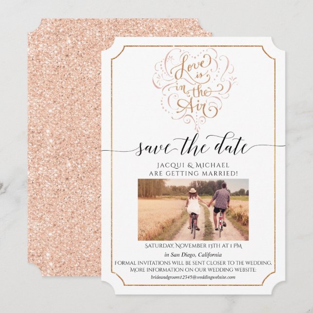 Love Script Typography Rose Gold Glitter Heart Invitation (Front/Back)