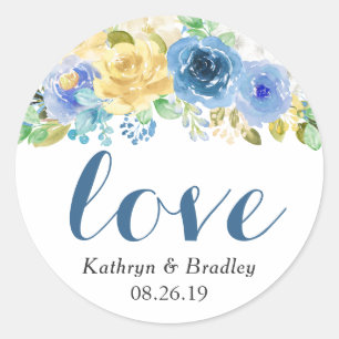 Love Script Watercolor Blue Yellow Floral Classic Round Sticker