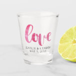 Love Script Wedding Favour Shot Glass<br><div class="desc">Bold "love" script in pink watercolor,  personalised wedding guest favour.</div>
