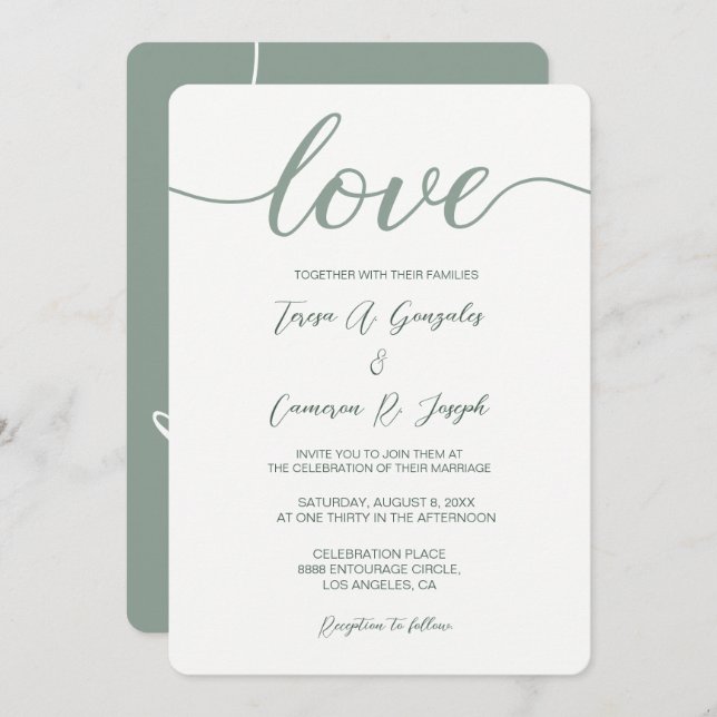 Love Script Wedding typography Sage Green Invitation (Front/Back)