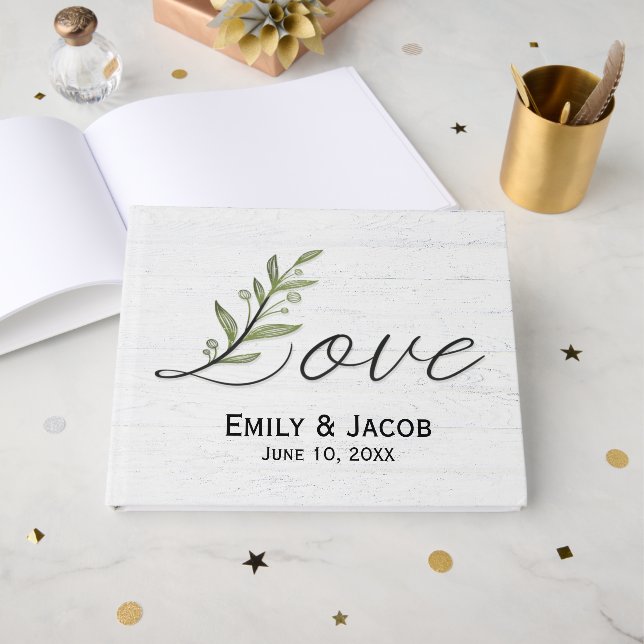 Love Script with Green Leaves on Whitewashed Wood Guest Book (Front Open)