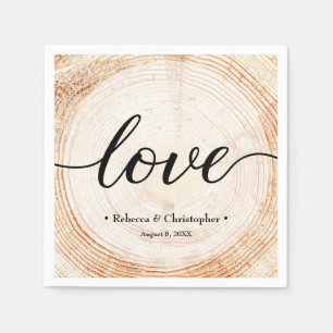 Love Script Wood Tree ring Slice Rustic Wedding Napkin