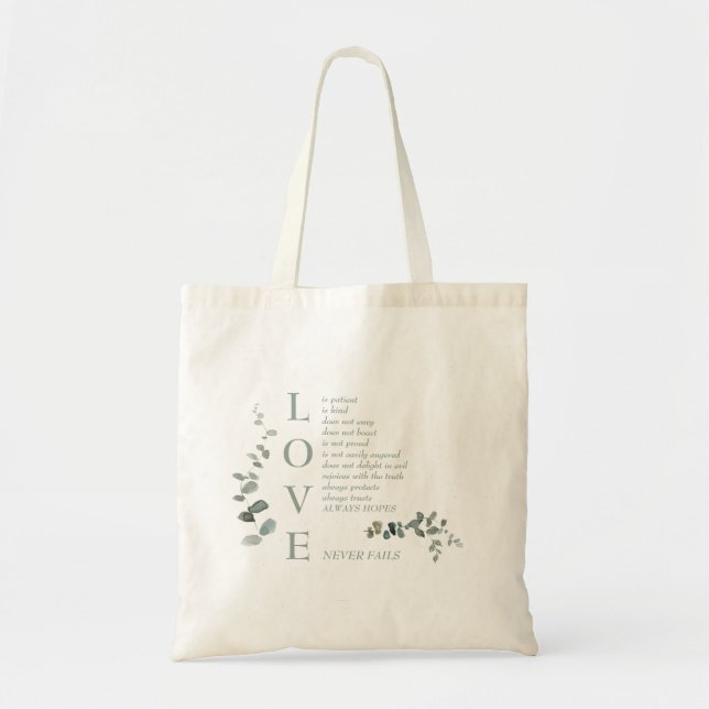 Love Scripture Foliage Sage Text Custom Name Tote Bag (Front)
