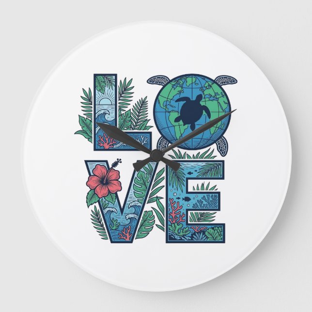 Love Sea Turtle Earth Tropical Large Clock (Front)