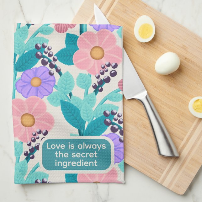 Love Secret Ingredient Pastel Floral Pattern Tea Towel (Quarter Fold)