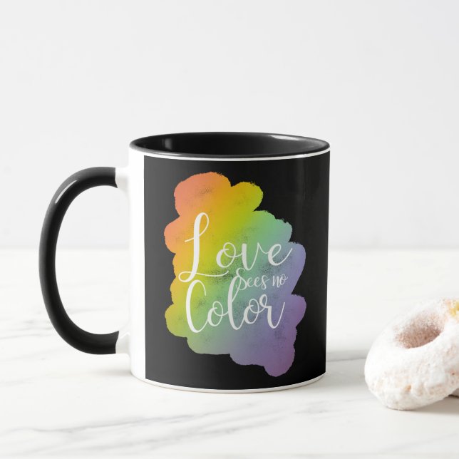 Love Sees No Colour Quote Rainbow Black Mug (With Donut)