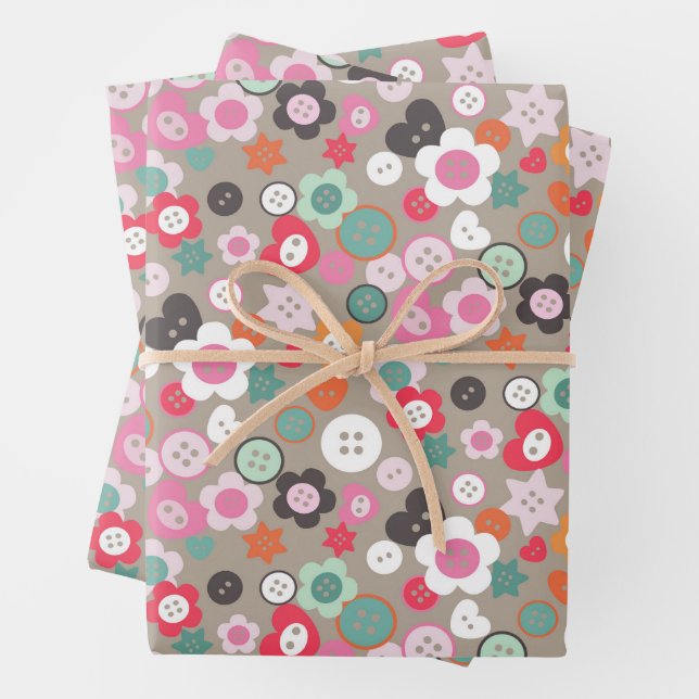 Love Sewing Buttons Brown Wrapping Paper Sheet (In situ)