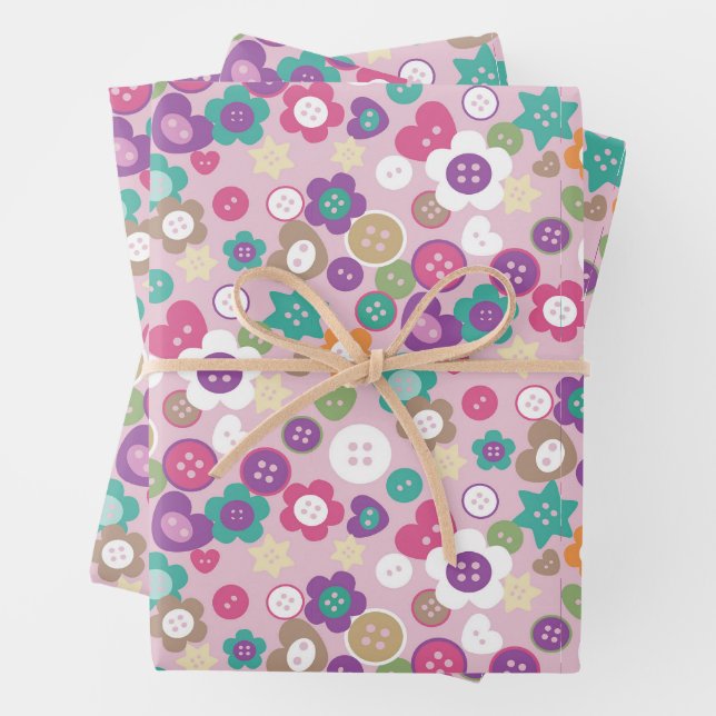 Love Sewing Buttons Pink Wrapping Paper Sheet (In situ)