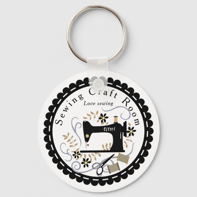 Love Sewing Machine Black White Key Ring (Front)