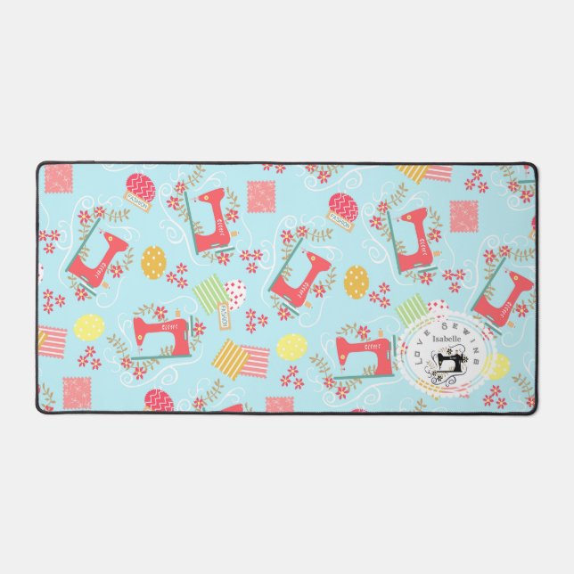 Love Sewing Machine Blue Desk Mat (Front)