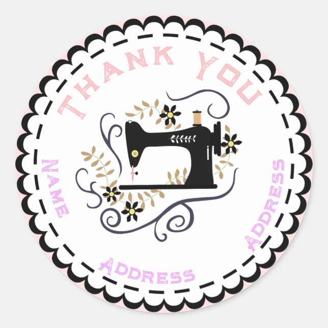 Love Sewing Machine Peach White Black Classic Round Sticker (Front)
