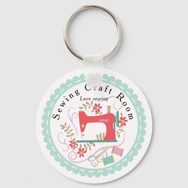 Love Sewing Machine. Personalised. Blue. Key Ring (Front)